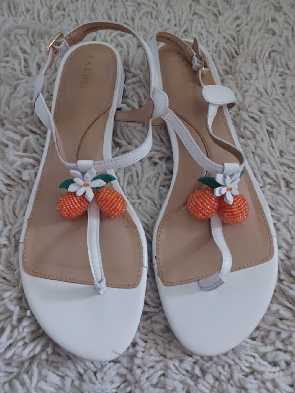 Talbots Sandals Womens 7.5 White T Strap Fruit Embellished Orange Floral Flat